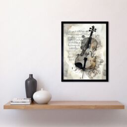 "Artery8 Wall Art Print Violin Instrument & Sheet Music Modern Monochrome Watercolour Art Framed in Black - Size: W12"" x H16""" - thumbnail 2