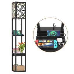 Gymax Modern Shelf Lamp Floor Lamp Nightstand With Drawers & 2 USB Ports in Black - thumbnail 1