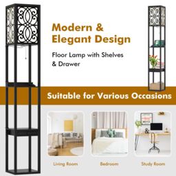 Gymax Modern Shelf Lamp Floor Lamp Nightstand With Drawers & 2 USB Ports in Black - thumbnail 4