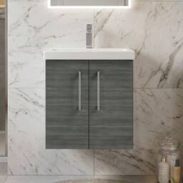 Balterley Contemporary Bathroom Wall Hung 2 Soft-Close Door Vanity Unit & Mid-Edge Ceramic Basin, Anthracite Woodgrain, 500 mm in Grey - thumbnail 9