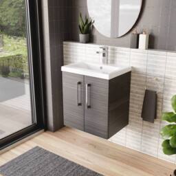 Balterley Contemporary Bathroom Wall Hung 2 Soft-Close Door Vanity Unit & Mid-Edge Ceramic Basin, Anthracite Woodgrain, 500 mm in Grey - thumbnail 4