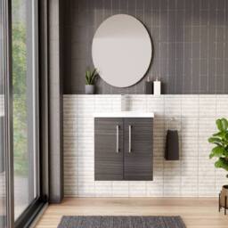 Balterley Contemporary Bathroom Wall Hung 2 Soft-Close Door Vanity Unit & Mid-Edge Ceramic Basin, Anthracite Woodgrain, 500 mm in Grey - thumbnail 2