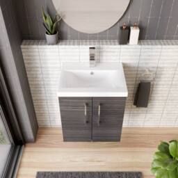 Balterley Contemporary Bathroom Wall Hung 2 Soft-Close Door Vanity Unit & Mid-Edge Ceramic Basin, Anthracite Woodgrain, 500 mm in Grey - thumbnail 3