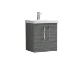 Balterley Contemporary Bathroom Wall Hung 2 Soft-Close Door Vanity Unit & Mid-Edge Ceramic Basin, Anthracite Woodgrain, 500 mm in Grey