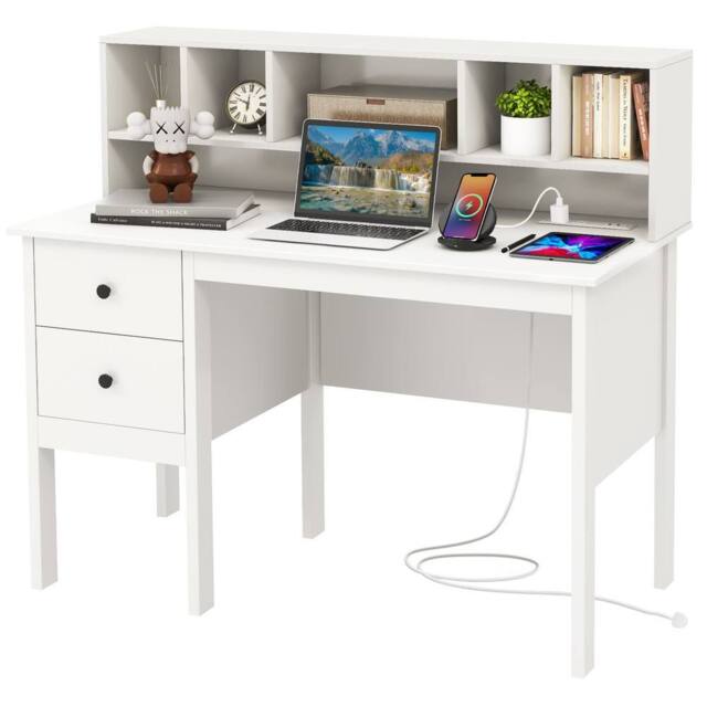 Costway Computer Desk 120 CM Writing Desk with Power Outlets & Drawers in White - image 1