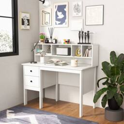 Costway Computer Desk 120 CM Writing Desk with Power Outlets & Drawers in White - thumbnail 2