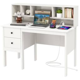 Costway Computer Desk 120 CM Writing Desk with Power Outlets & Drawers in White - thumbnail 1
