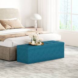 MCC Direct 110cm Large Rectangular Ottoman Foldable Storage Bench Upholstered in Teal - thumbnail 2