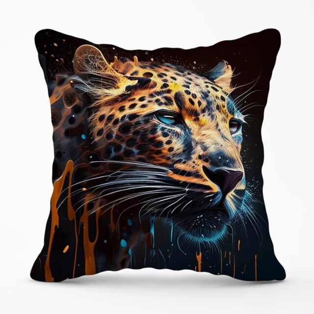 Warren Reed - Designer Leapoard Face Splashart On Dark Background Outdoor Cushion in Yellow - Size: 60 cm x 60 cm - image 1