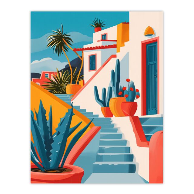 "Artery8 Wall Art Print Mexican Village Cactus Colourful Hispanic Latino Poster - Size: W12"" x H16""" - image 1