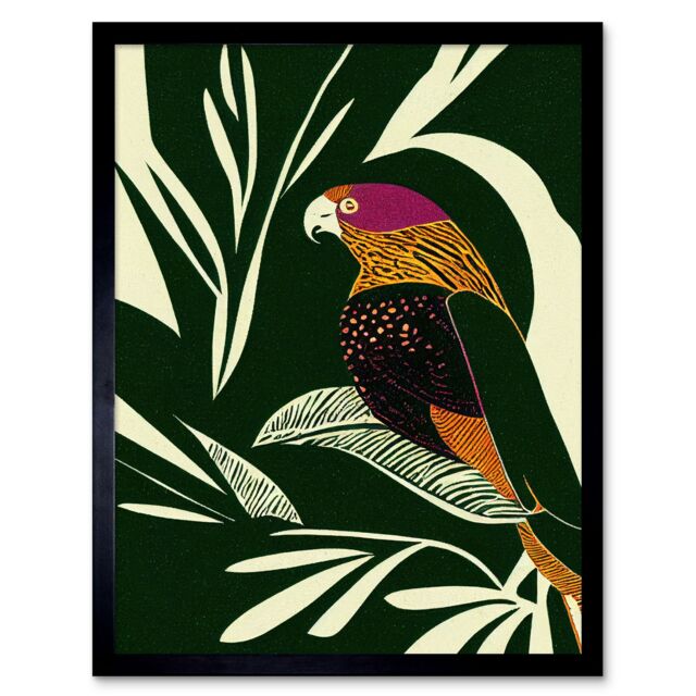 "Artery8 Wall Art Print Green Orange Pink Cream Modern Vintage Tropical Plant Leaves with Bird Art Framed in Black - Size: W12"" x H16""" - image 1