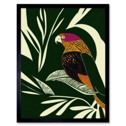 "Artery8 Wall Art Print Green Orange Pink Cream Modern Vintage Tropical Plant Leaves with Bird Art Framed in Black - Size: W12"" x H16""" - thumbnail 1