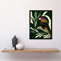 "Artery8 Wall Art Print Green Orange Pink Cream Modern Vintage Tropical Plant Leaves with Bird Art Framed in Black - Size: W12"" x H16""" - thumbnail 2