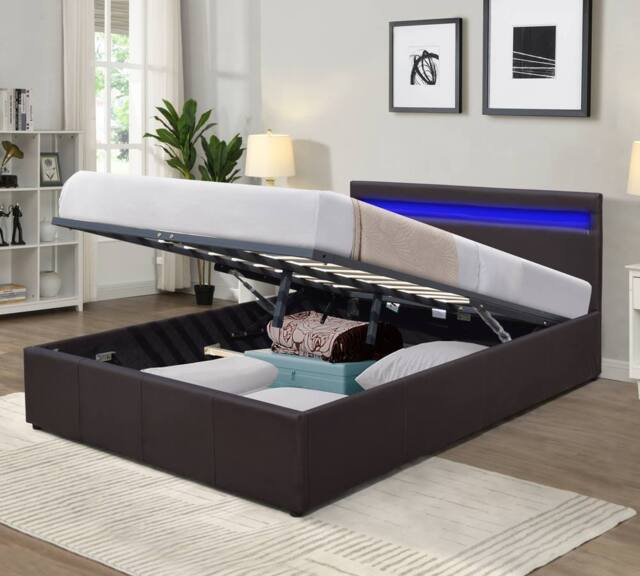 Comfy Living Ltd Faux Leather Modern Gas Lift Ottoman Bed Frame With LED in Dark Brown - Size: Double
