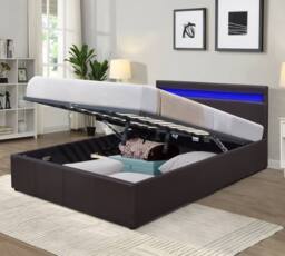 Comfy Living Ltd Faux Leather Modern Gas Lift Ottoman Bed Frame With LED in Dark Brown - Size: Double