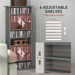 HOMCOM CD Storage Unit DVD Tower Blu-ray Storage Shelf for Living Room in Grey - thumbnail 6
