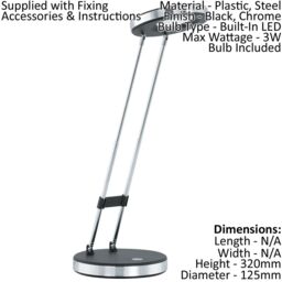 Loops Table Lamp Colour Black & Chrome Modern Rocker Switch Bulb LED 3W Included - thumbnail 2
