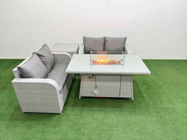 Fimous 4 Seater Outdoor Love Sofa Set Rattan Garden Furniture Set with Firepit Dining Table Side Table Light Grey - image 1