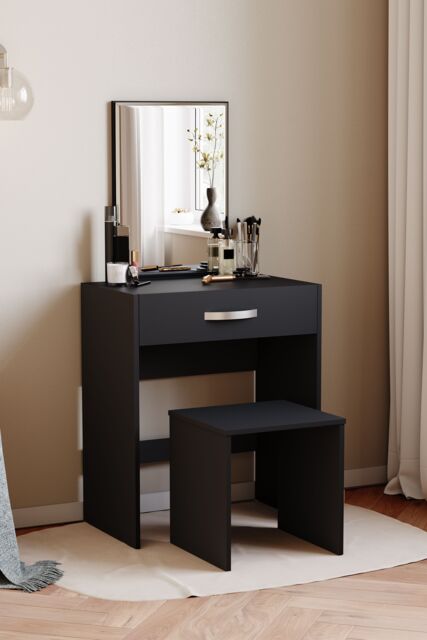 Home Discount Vida Designs Isla Dressing Table Set with Built-in Mirror & Stool in Black - image 1