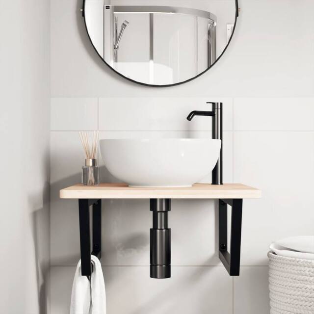Berkfield Home Elegant Basin Shelf Wall Mounted Steel & Solid Wood Oak in Light Oak - image 1