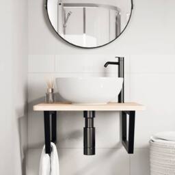 Berkfield Home Elegant Basin Shelf Wall Mounted Steel & Solid Wood Oak in Light Oak - thumbnail 1
