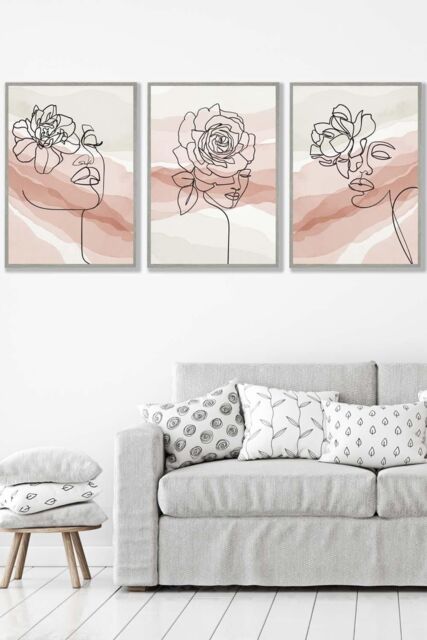 ARTZE Set of 3 Light Grey Framed Female Line Art Floral Faces on Pink & Ivory Wall Art in Light Pink - Size: W33 cm x H45 cm x D20mm - image 1