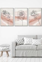 ARTZE Set of 3 Light Grey Framed Female Line Art Floral Faces on Pink & Ivory Wall Art in Light Pink - Size: W33 cm x H45 cm x D20mm - thumbnail 1