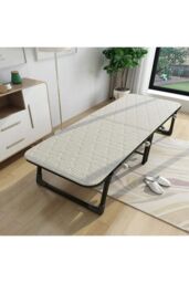 Living and Home Foldable Metal Framed Bed with Mattress and Wheels in Light Grey