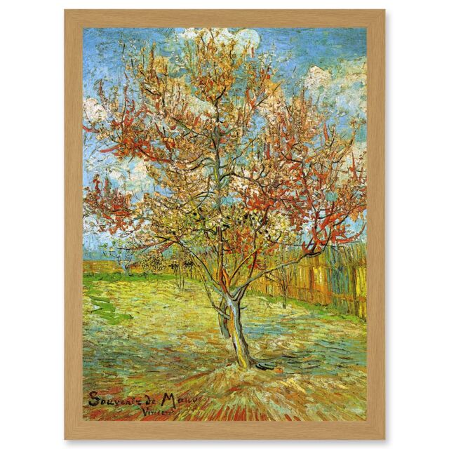 Artery8 Painting Van Gogh Pink Peach Tree Blossom Artwork Framed Wall Art Print A4 in Light Oak - image 1