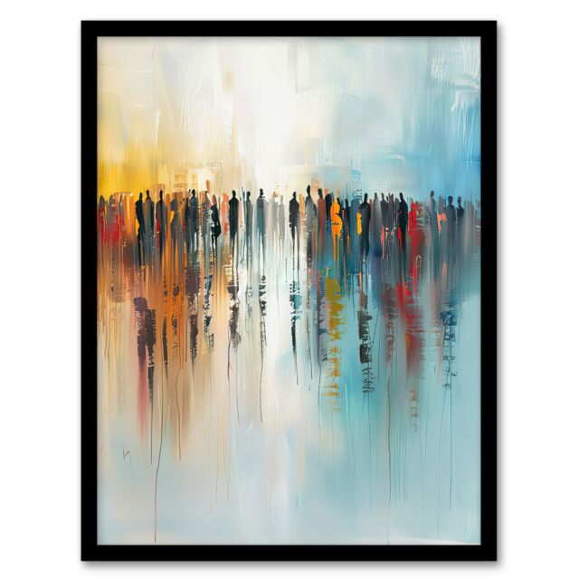 "Artery8 Crowd of People Colourful Misty Abstract Painting Framed Art Print in Blue - Size: W12"" x H16""" - image 1
