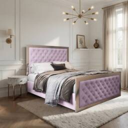 Casani Lapworth Upholstered Soft Velvet Pink Metal Designer Bed Frame - Size: Double - thumbnail 1