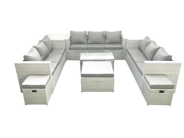 Fimous Rattan Garden Outdoor Furniture Set 12 Seater Garden Sofa Coffee Table Set with 3 Footstools Side Table Light Grey Mixed - image 1