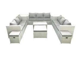 Fimous Rattan Garden Outdoor Furniture Set 12 Seater Garden Sofa Coffee Table Set with 3 Footstools Side Table Light Grey Mixed - thumbnail 1