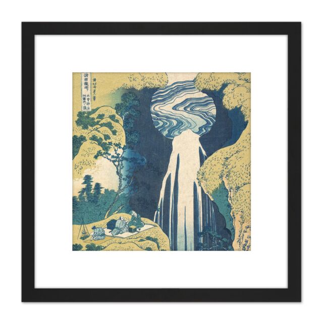 Artery8 Hokusai Amida Falls Kisokaido Road Japan Waterfall Painting 8X8 Inch Square Wooden Framed Wall Art Print Picture with Mount in Black - image 1