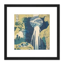 Artery8 Hokusai Amida Falls Kisokaido Road Japan Waterfall Painting 8X8 Inch Square Wooden Framed Wall Art Print Picture with Mount in Black - thumbnail 1
