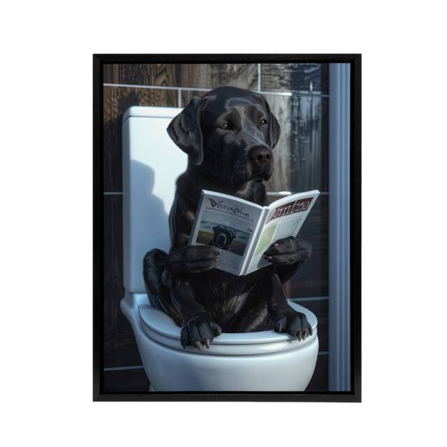 "Artery8 Labrador Dog Reading On Toilet Funny Framed Canvas Wall Art Print in Grey - Size: W12"" x H16""" - image 1
