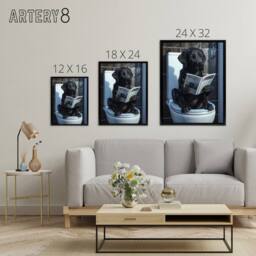 "Artery8 Labrador Dog Reading On Toilet Funny Framed Canvas Wall Art Print in Grey - Size: W12"" x H16""" - thumbnail 4
