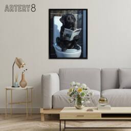 "Artery8 Labrador Dog Reading On Toilet Funny Framed Canvas Wall Art Print in Grey - Size: W12"" x H16""" - thumbnail 3