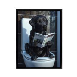 "Artery8 Labrador Dog Reading On Toilet Funny Framed Canvas Wall Art Print in Grey - Size: W12"" x H16""" - thumbnail 1