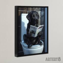 "Artery8 Labrador Dog Reading On Toilet Funny Framed Canvas Wall Art Print in Grey - Size: W12"" x H16""" - thumbnail 2