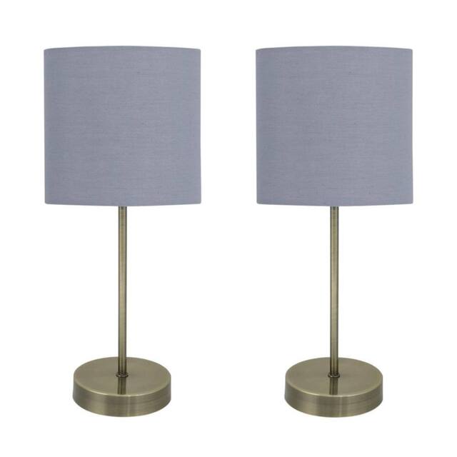 First Choice Lighting Set of 2 Antique Brass Stick Table Lamps with Grey Cotton Shades in Bronze - image 1