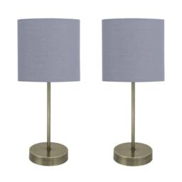 First Choice Lighting Set of 2 Antique Brass Stick Table Lamps with Grey Cotton Shades in Bronze