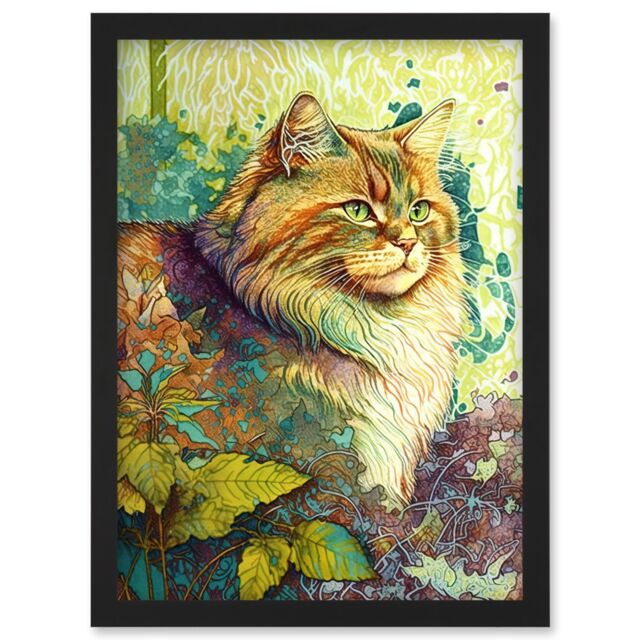 Artery8 Siberian Cat in Nature Vibrant Colourful Modern Portrait Illustration Artwork Framed Wall Art Print A4 in Black - image 1