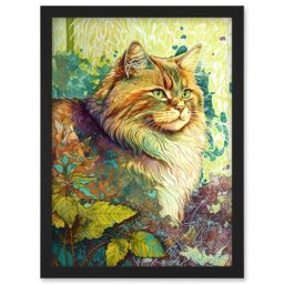 Artery8 Siberian Cat in Nature Vibrant Colourful Modern Portrait Illustration Artwork Framed Wall Art Print A4 in Black - thumbnail 1