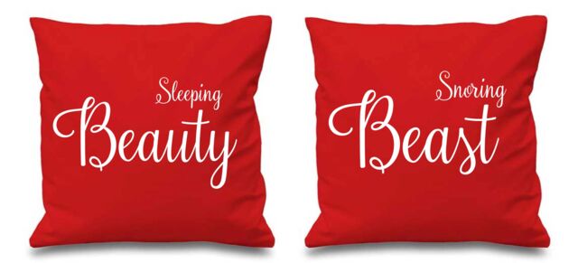 "60 SECOND MAKEOVER Sleeping Beauty Snoring Beast Red Cushion Covers 16"" x 16"" Couples Cushions Valentines Anniversary Boyfriend - Size: 40 cm x 40 cm"