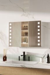 Living and Home Bathroom Horizontal LED Anti-Fog Mirror with Sensor Switch and Clock in Silver