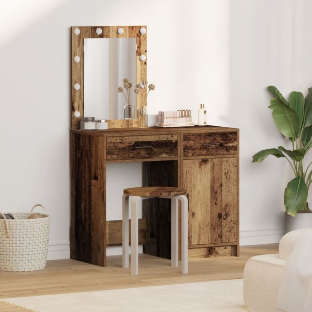 Berkfield Home 2-Piece Dressing Table Set with LED in Old Wood Finish in Brown - image 1