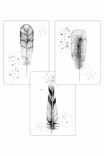 ARTZE Set of 3 Abstract Black & Grey Feathers Art Posters in Dark Grey - Size: W50 cm x H70 cm - image 1
