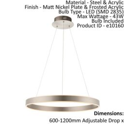 Loops Ceiling Pendant Light Matt Nickel & Frosted Acrylic 43W LED Bulb Included in Metallics - thumbnail 2