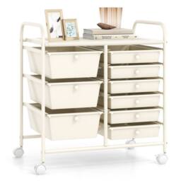 Gymax 9-Drawer Rolling Storage Cart Tools Scrapbook Paper Organizer With Metal Frame in Beige